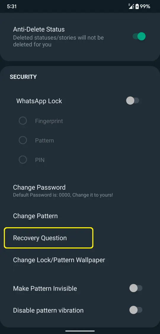 Change Password of Hidden Chats in WhatsApp Plus S3